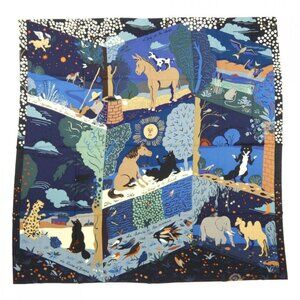 Hermes le Livre D`esope Carre Shawl Black Blue